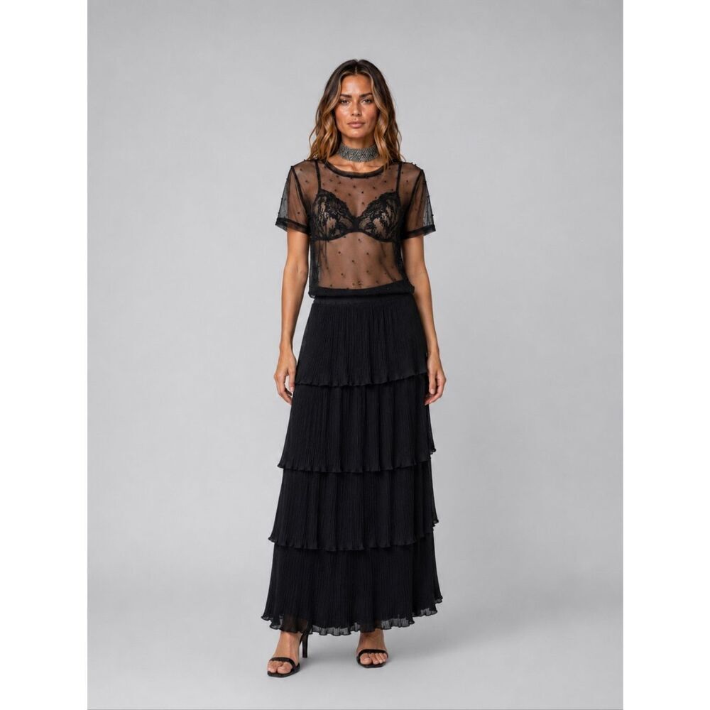 Zara Sheer Mesh Top Black Pearls Beaded See Through Short Sleeve Size M (A)